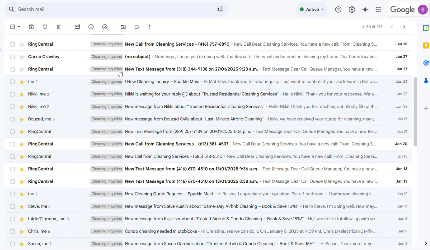 In just a few months, Sparkle Maid went from zero digital traction to receiving steady quote requests, phone calls, and text inquiries across multiple channels. These leads were tracked via RingCentral and Gmail, with over 120+ inquiries captured from Kijiji, Facebook, and the website’s conversion funnels.
